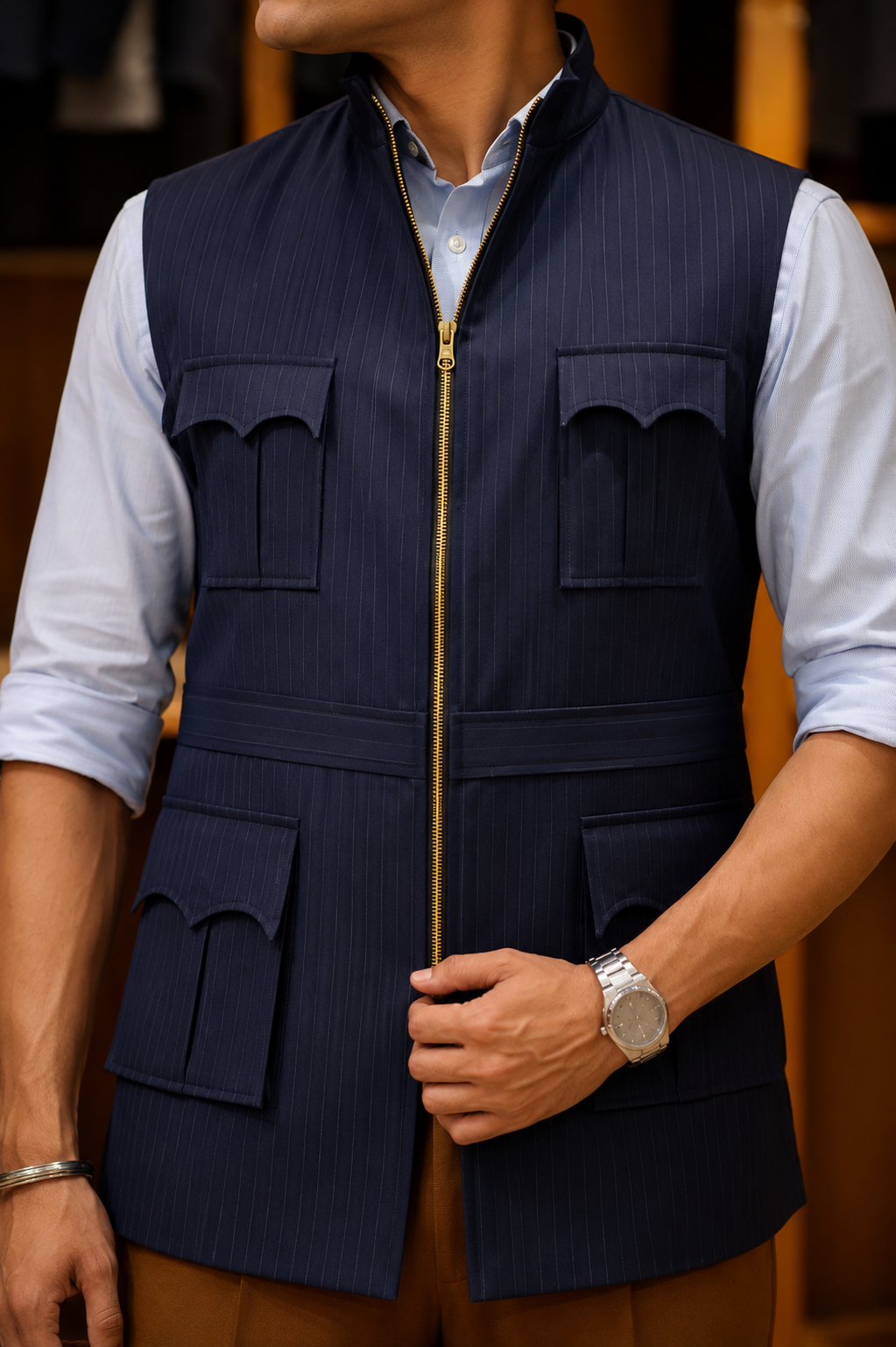 Navy Pinstripe Utility Jacket