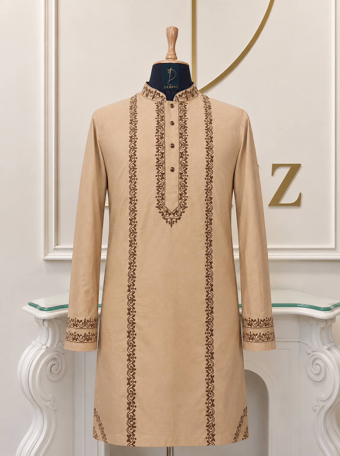 Beige 100% Cotton Embroidered Kurta Pyjama Set for Men | Resham Work Ethnic Wear