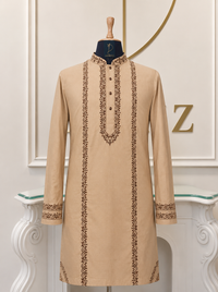 Beige 100% Cotton Embroidered Kurta Pyjama Set for Men | Resham Work Ethnic Wear