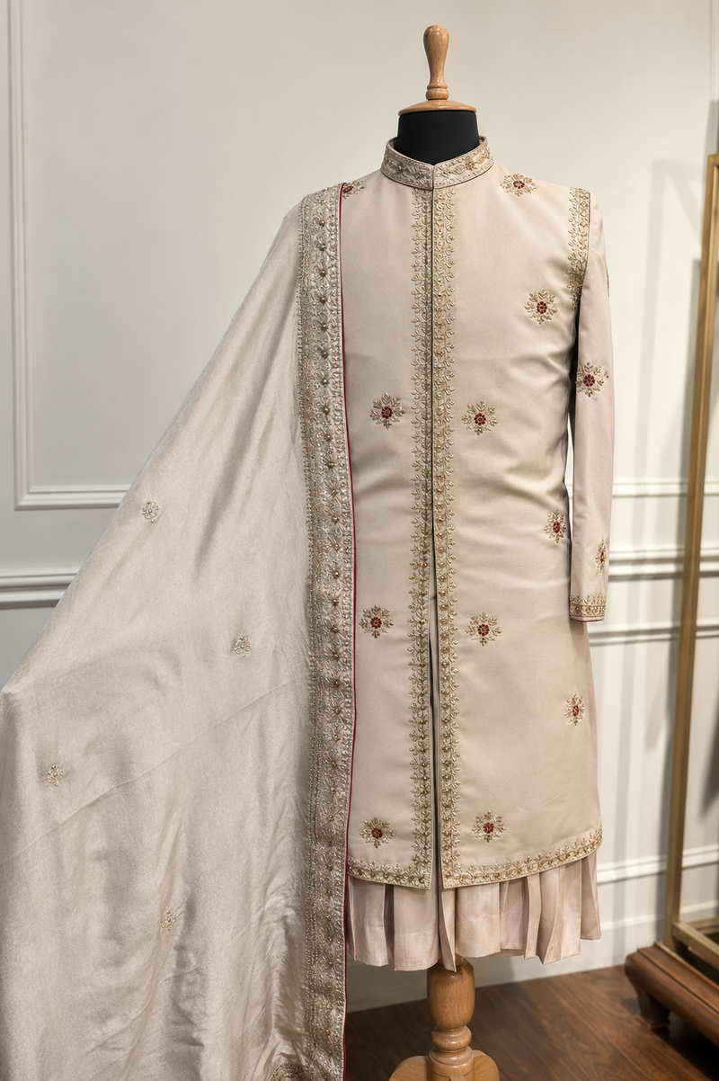 Contrast Resham & Dabka Embroidered Anarkali Kurta Pyjama Set
