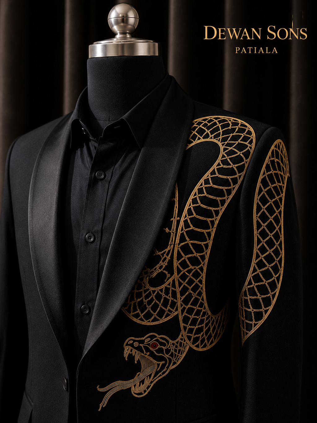 Black Japanese Suit with Hand Embroidered Snake Motif | Luxury Designer Tuxedo for Men