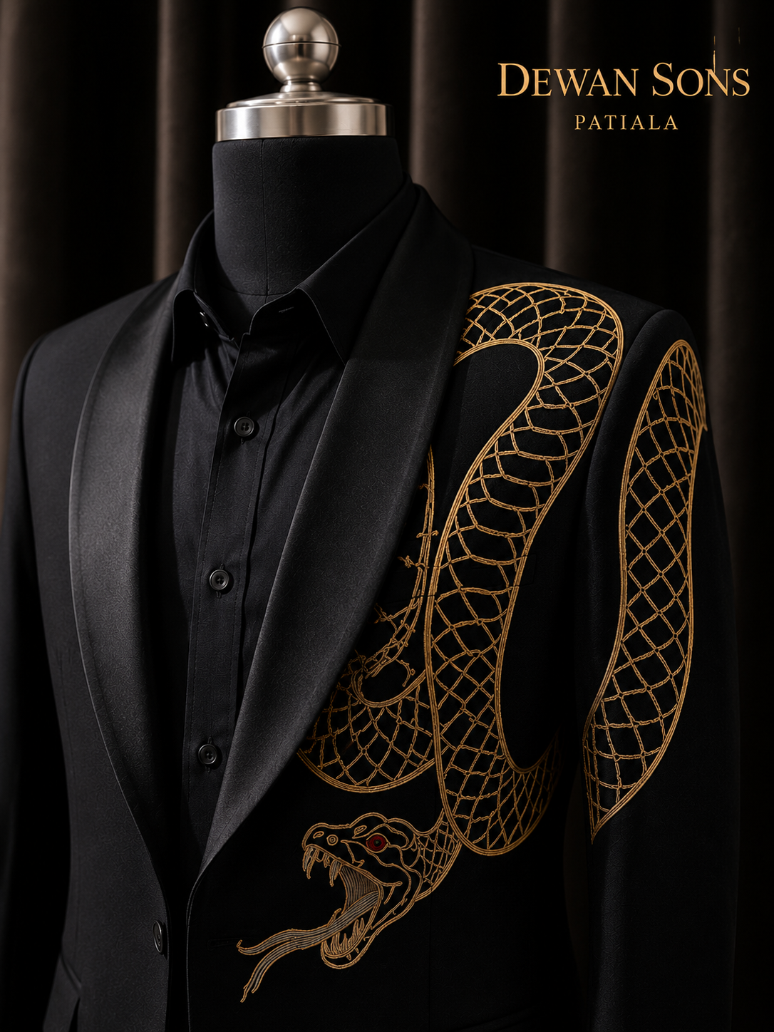 Black Japanese Suit with Hand Embroidered Snake Motif | Luxury Designer Tuxedo for Men