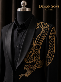 Black Japanese Suit with Hand Embroidered Snake Motif | Luxury Designer Tuxedo for Men