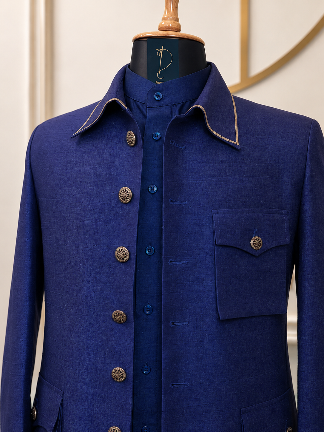 Royal Blue Pure Raw Silk Bandhgala Jacket Set with Monotone Kurta Pyjama | Custom Colour Available
