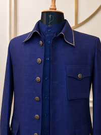 Royal Blue Pure Raw Silk Bandhgala Jacket Set with Monotone Kurta Pyjama | Custom Colour Available