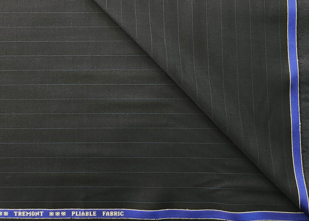 Black pinstripe fabric with blue border and 'Tremont' branding