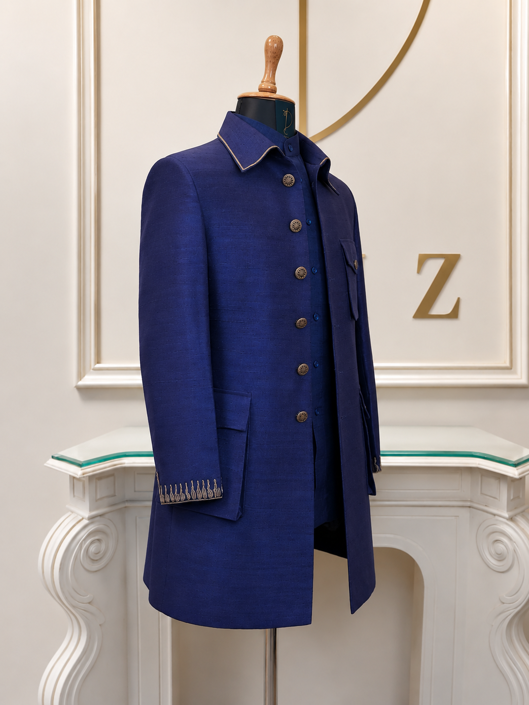 Royal Blue Pure Raw Silk Bandhgala Jacket Set with Monotone Kurta Pyjama | Custom Colour Available
