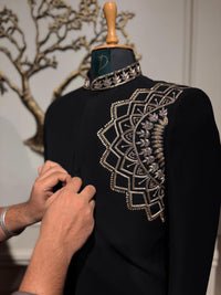 Black Japanese Achkan with Geometric Embroidery