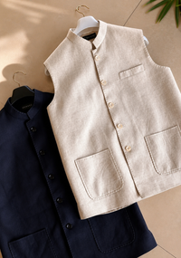 Ivory 100% Linen Nehru Jacket with Patch Pockets | Classic Bandhgala Waistcoat for Men