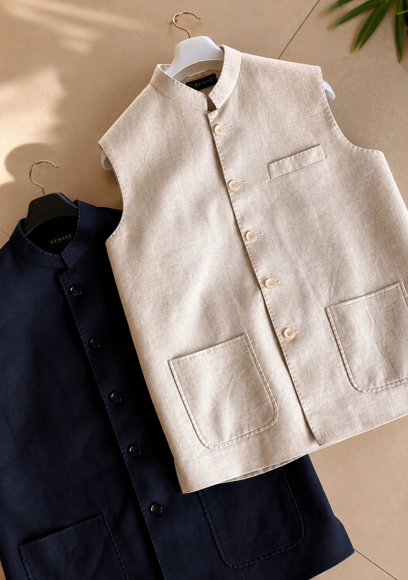Ivory 100% Linen Nehru Jacket with Patch Pockets | Classic Bandhgala Waistcoat for Men