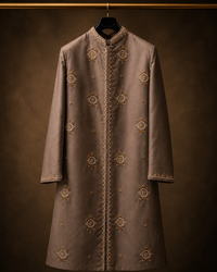 A long taupe-brown traditional achkan with gold embroidery, hanging on a black hanger against a dark brown textured background.