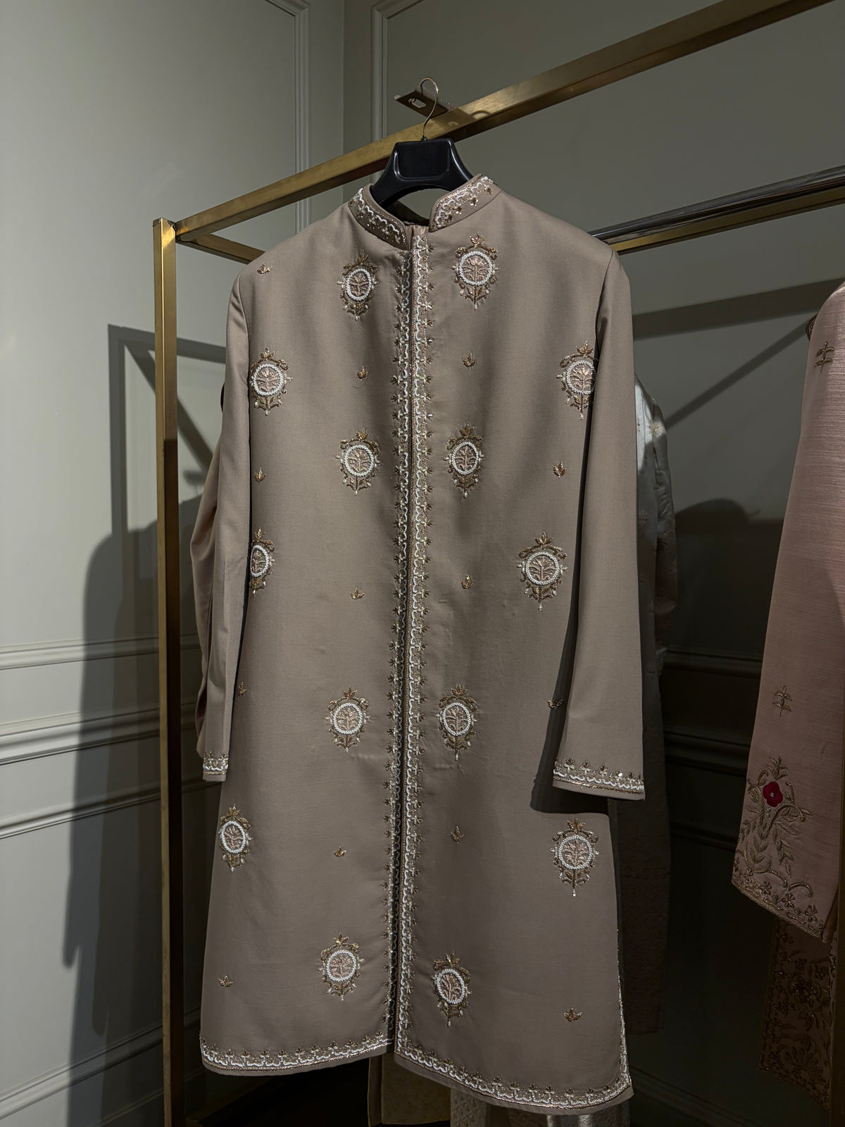 Light Beige Pearl Hand Embroidered Achkan for Men | Luxury Designer Wedding Achkan