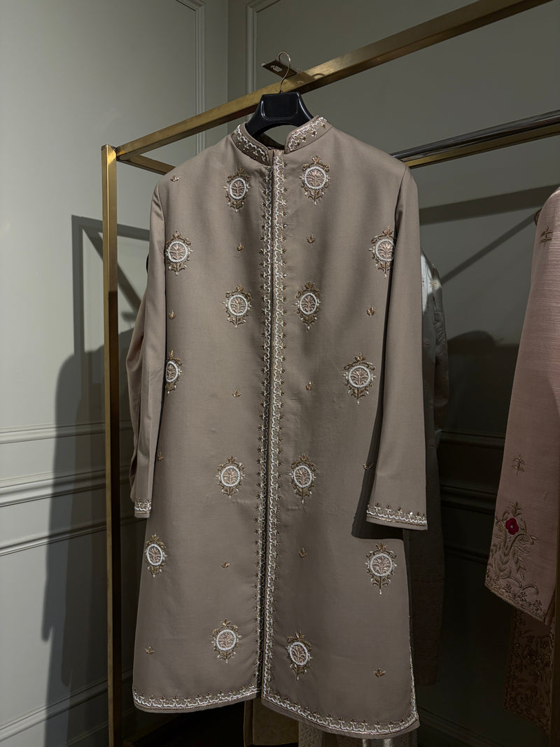 Light Beige Pearl Hand Embroidered Achkan for Men | Luxury Designer Wedding Achkan