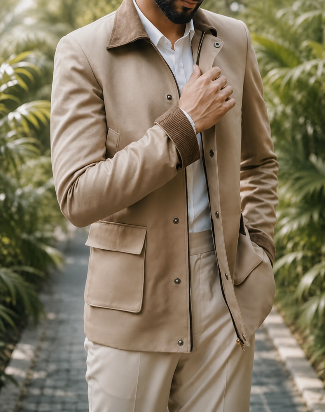 Beige Utility Zipper Jacket with Corduroy Collar | Premium Casual Jacket for Men