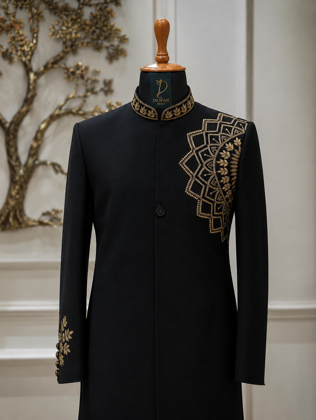 Black Japanese Achkan with Geometric Embroidery