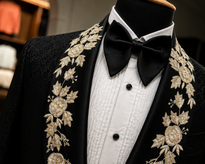 Black Embroidered Japanese Fabric Tuxedo – Premium Designer 2-Piece Tuxedo
