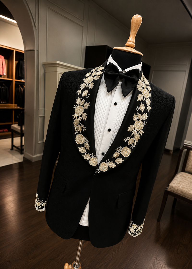 Black Embroidered Japanese Fabric Tuxedo – Premium Designer 2-Piece Tuxedo