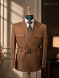 Brown Safari 2-Piece Suit with Belt | 4-Pocket Tailored Men’s Suit