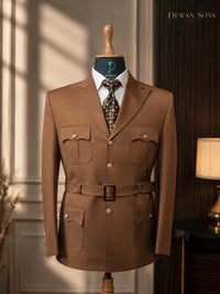 Brown Safari 2-Piece Suit with Belt | 4-Pocket Tailored Men’s Suit