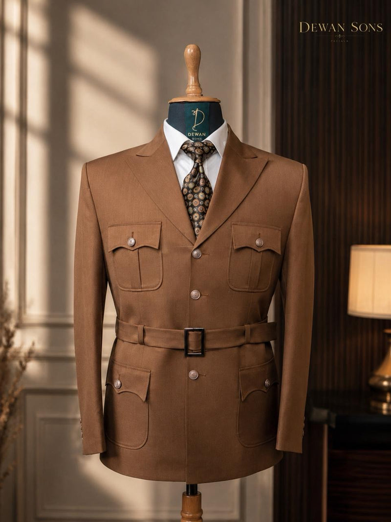 Brown Safari 2-Piece Suit with Belt | 4-Pocket Tailored Men’s Suit