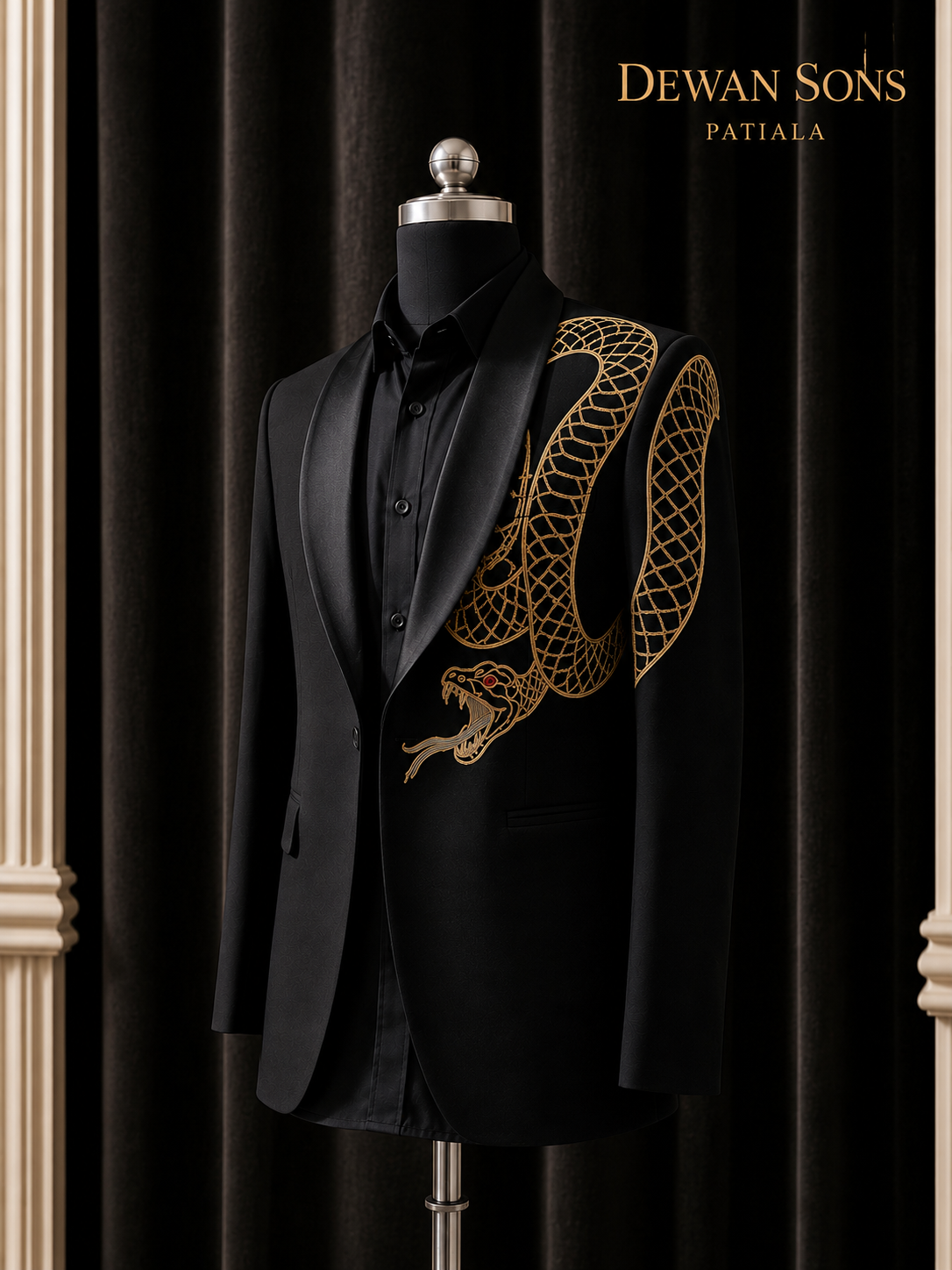 Black Japanese Suit with Hand Embroidered Snake Motif | Luxury Designer Tuxedo for Men