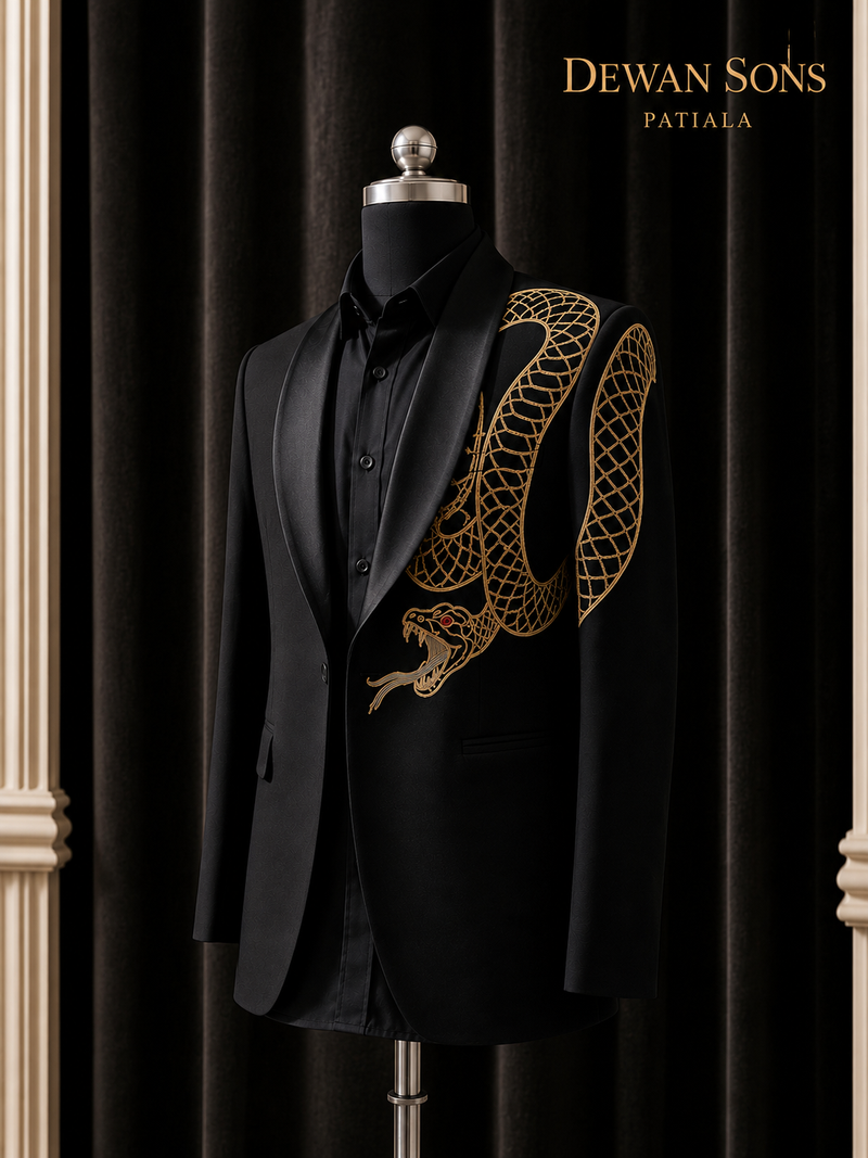Black Japanese Suit with Hand Embroidered Snake Motif | Luxury Designer Tuxedo for Men