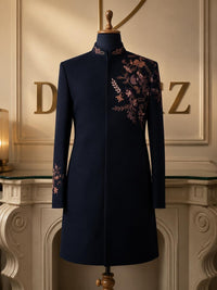 Navy Blue Wrinkle-Free Achkan with Multi-Thread Hand Embroidery | Designer Wedding Achkan for Men