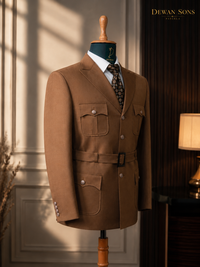 Brown Safari 2-Piece Suit with Belt | 4-Pocket Tailored Men’s Suit