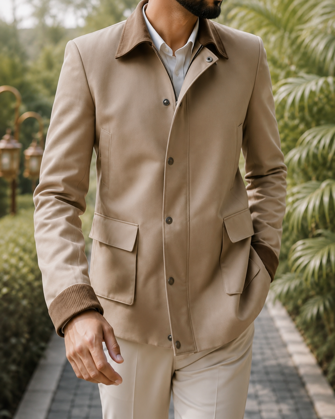 Beige Utility Zipper Jacket with Corduroy Collar | Premium Casual Jacket for Men