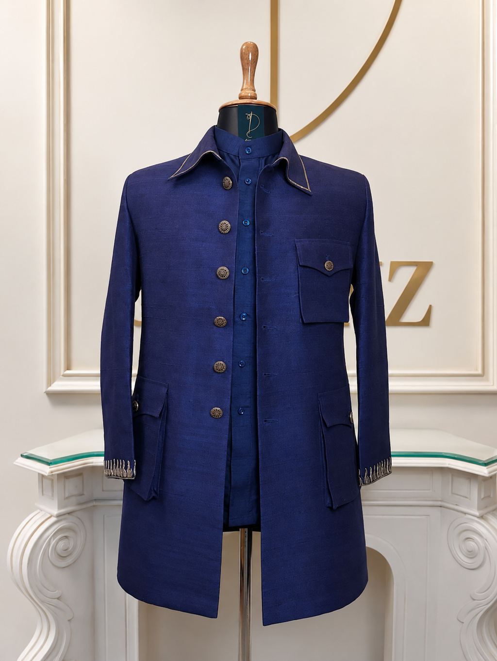 Royal Blue Pure Raw Silk Bandhgala Jacket Set with Monotone Kurta Pyjama | Custom Colour Available