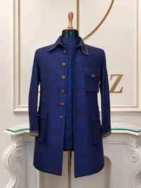 Royal Blue Pure Raw Silk Bandhgala Jacket Set with Monotone Kurta Pyjama | Custom Colour Available
