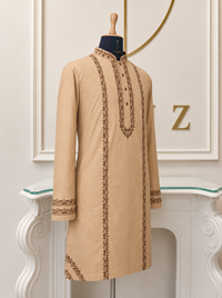 Beige 100% Cotton Embroidered Kurta Pyjama Set for Men | Resham Work Ethnic Wear