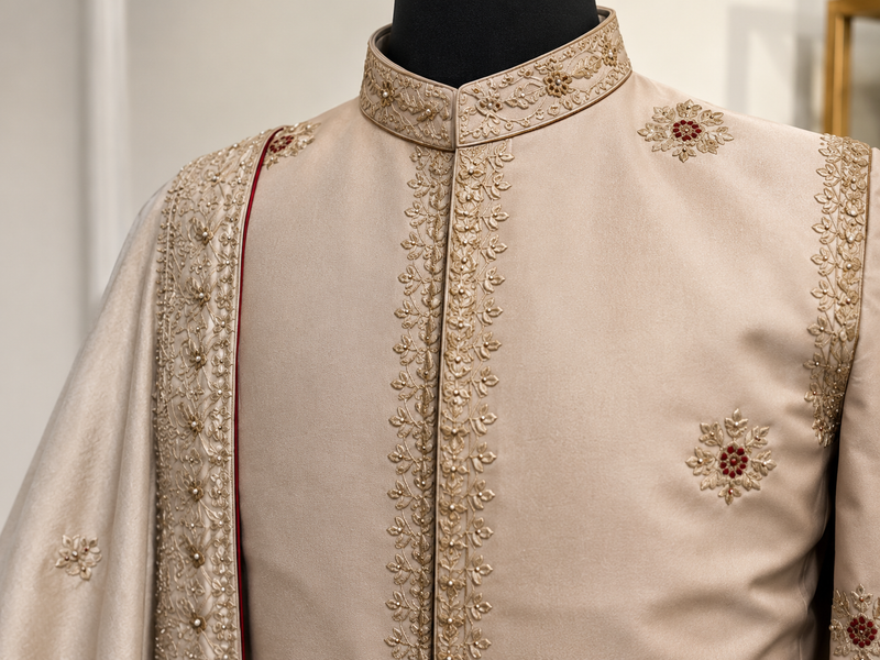 Contrast Resham & Dabka Embroidered Anarkali Kurta Pyjama Set