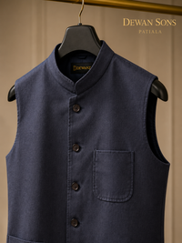 Navy Blue 100% Linen Nehru Jacket with Patch Pockets | Premium Men’s Waistcoat