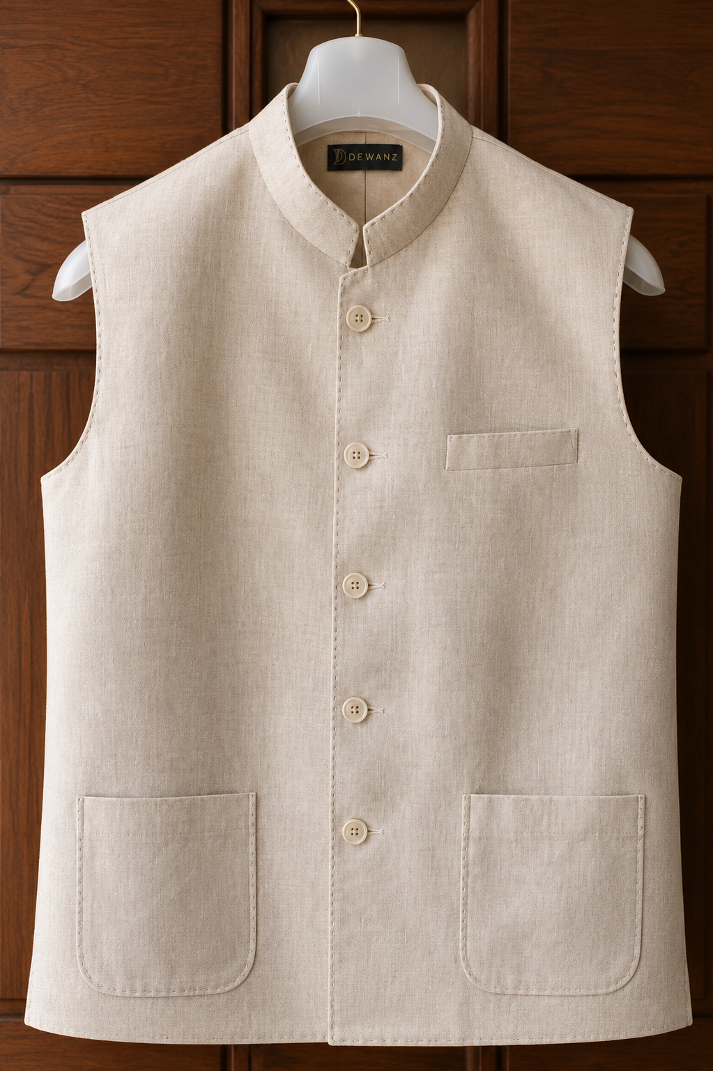 Ivory 100% Linen Nehru Jacket with Patch Pockets | Classic Bandhgala Waistcoat for Men