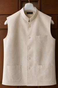 Ivory 100% Linen Nehru Jacket with Patch Pockets | Classic Bandhgala Waistcoat for Men