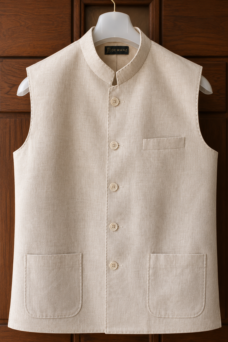Ivory 100% Linen Nehru Jacket with Patch Pockets | Classic Bandhgala Waistcoat for Men