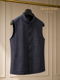 Navy Blue 100% Linen Nehru Jacket with Patch Pockets | Premium Men’s Waistcoat