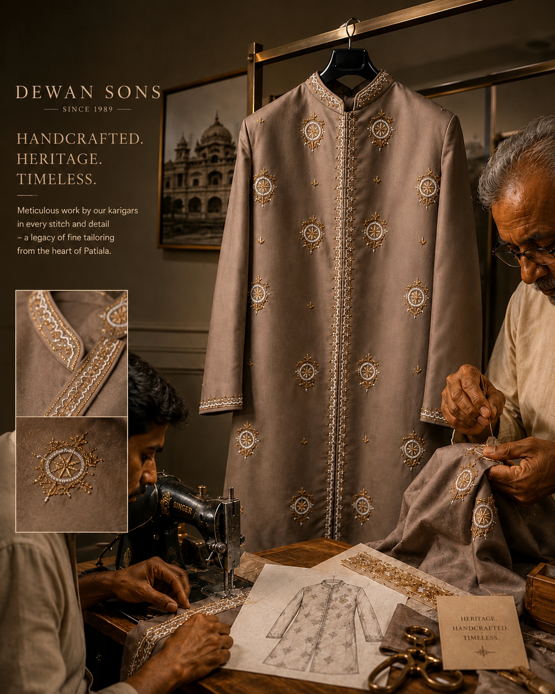 Light Beige Pearl Hand Embroidered Achkan for Men | Luxury Designer Wedding Achkan