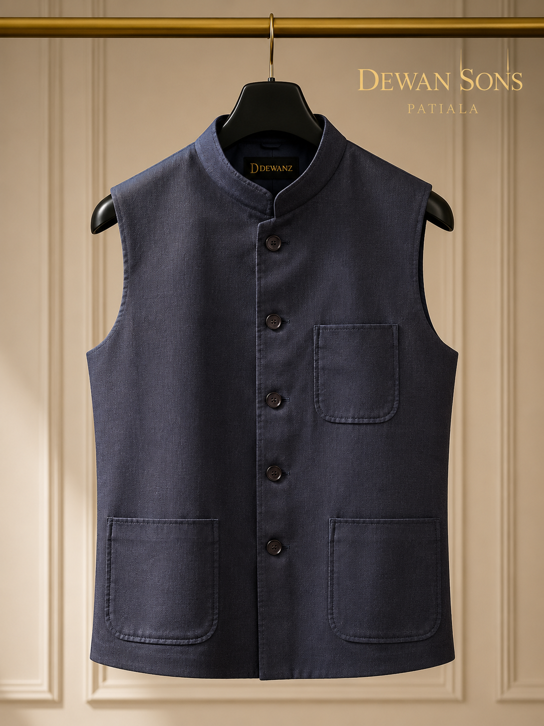Navy Blue 100% Linen Nehru Jacket with Patch Pockets | Premium Men’s Waistcoat