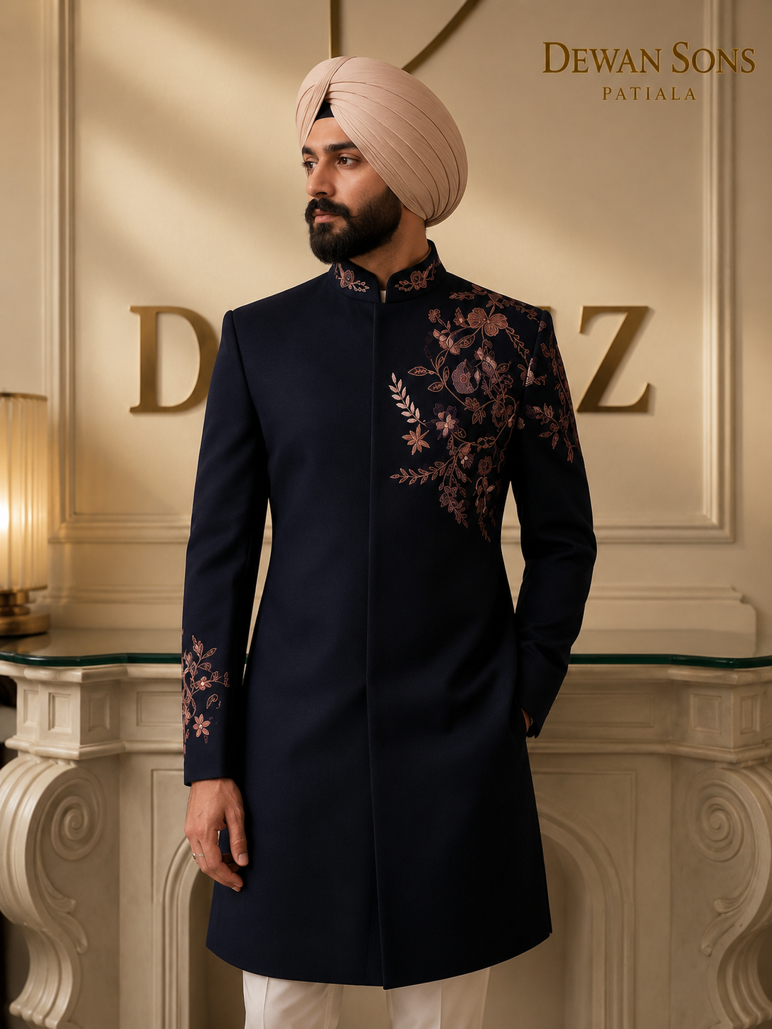 Navy Blue Wrinkle-Free Achkan with Multi-Thread Hand Embroidery | Designer Wedding Achkan for Men