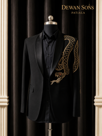Black Japanese Suit with Hand Embroidered Snake Motif | Luxury Designer Tuxedo for Men