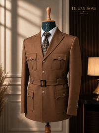 Brown Safari 2-Piece Suit with Belt | 4-Pocket Tailored Men’s Suit