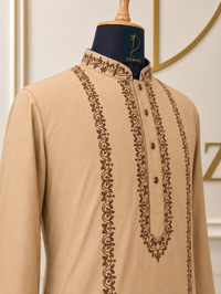 Beige 100% Cotton Embroidered Kurta Pyjama Set for Men | Resham Work Ethnic Wear