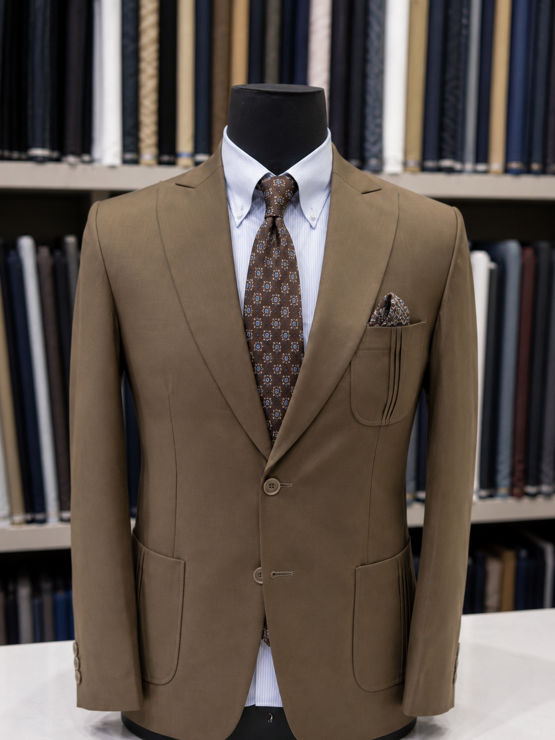 Brown 2-Piece Suit with Pleated Patch Pockets