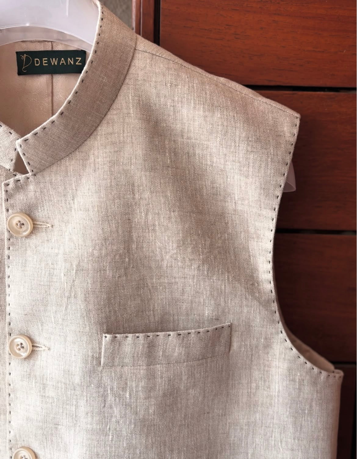 Ivory 100% Linen Nehru Jacket with Patch Pockets | Classic Bandhgala Waistcoat for Men