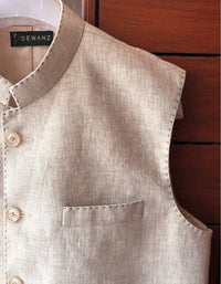Ivory 100% Linen Nehru Jacket with Patch Pockets | Classic Bandhgala Waistcoat for Men