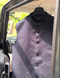 Navy Blue 100% Linen Nehru Jacket with Patch Pockets | Premium Men’s Waistcoat