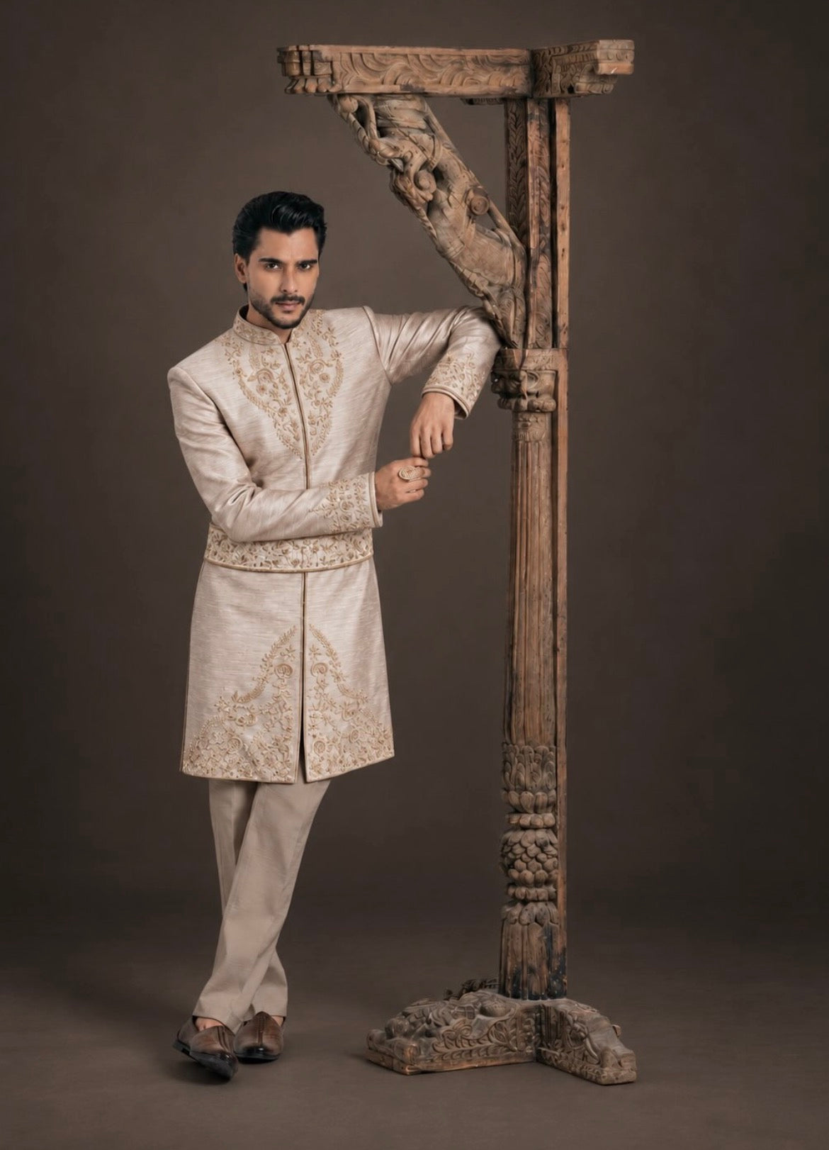 Luxury Satin Silk Slub Sherwani with Hand Embroidery & Embroidered Belt 