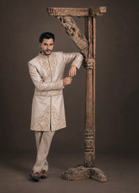 Luxury Satin Silk Slub Sherwani with Hand Embroidery & Embroidered Belt 